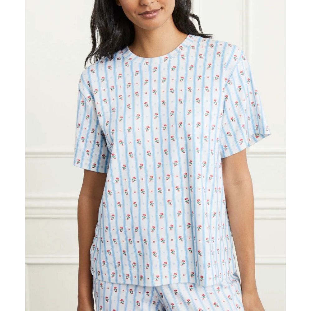 Hill House Floral Stripe Nightdress | White and Blue in XS